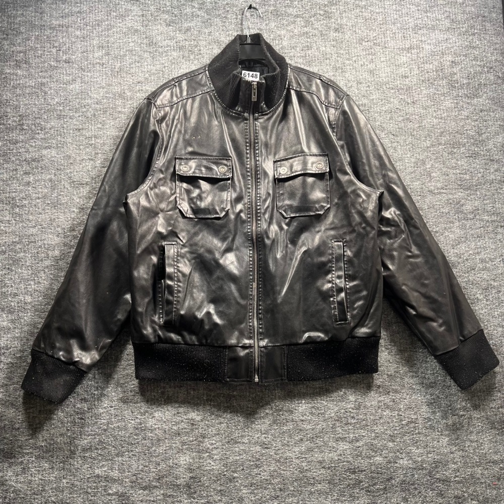 Guess Mens Faux Leather Bomber Jacket Black XL Full Zip Quilted Lined